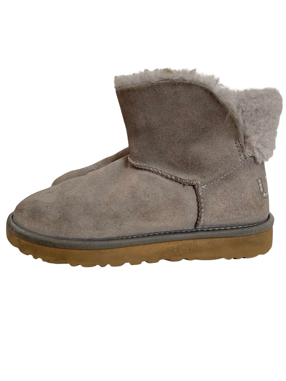 Ugg Boot Bootie Womens Size 6 Suede Shoe Gray Slide On Neutral Rhinestone Logo - Picture 2 of 12